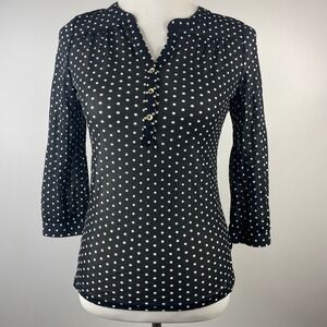 Outback Red Women Black White Polka Dot Mesh Button Front 3/4 Sleeve Top XS